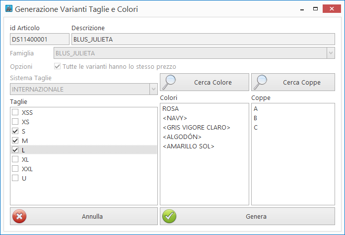 "Generazione Varianti Taglia, Colore e coppa"