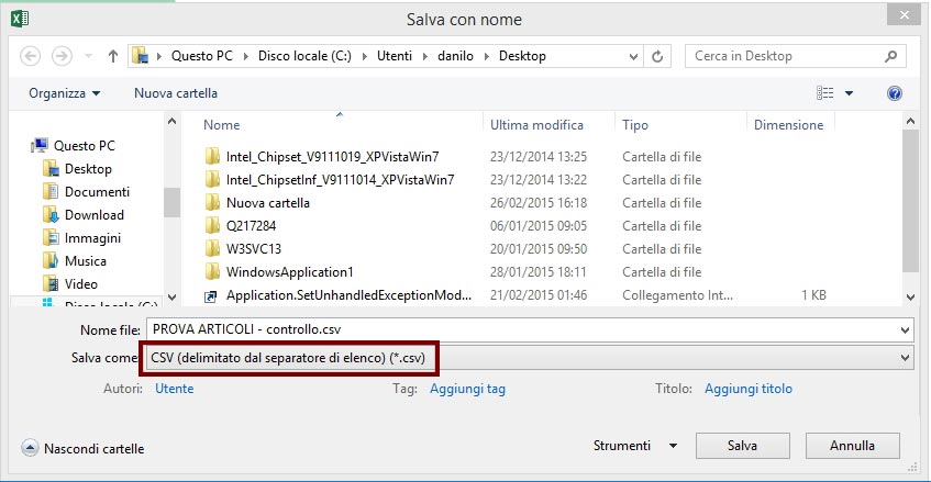 "salva con nome, formato CSV"