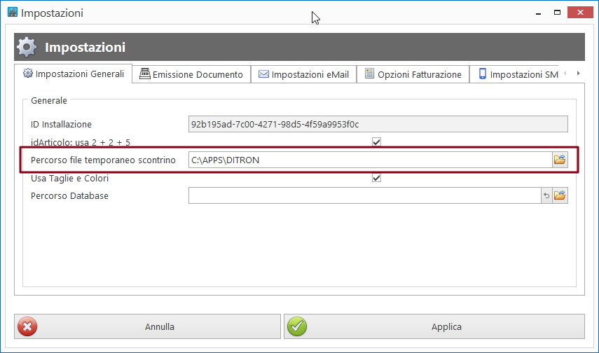 "Impostazione file temporaneo scontrino"