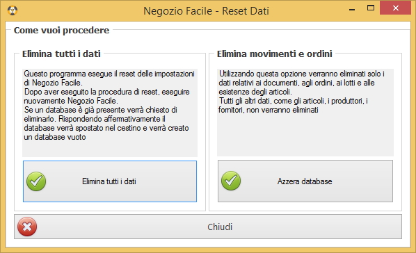 "Negozio Facile: Programma di reset Dati"